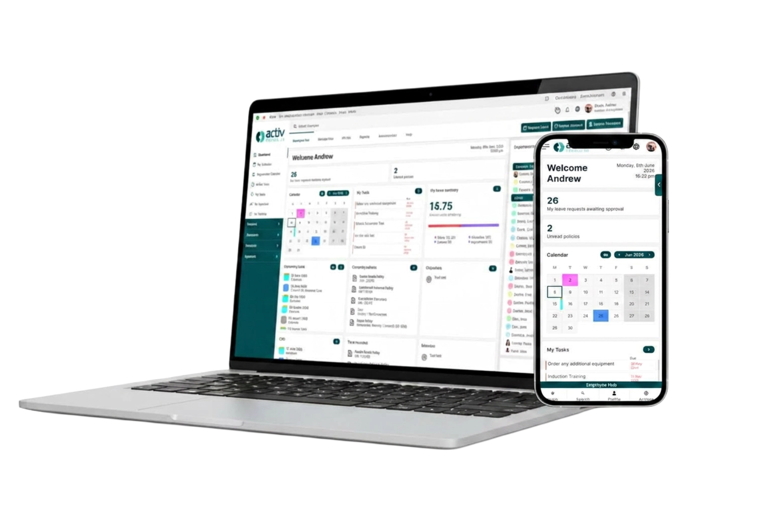 Activ People HR dashboard shown on laptop and mobile